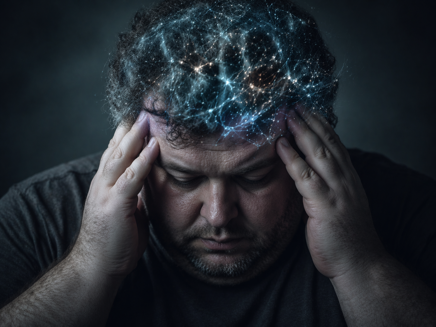 Man holding his temples, head glowing with blue network-like light, showing stress or mental strain