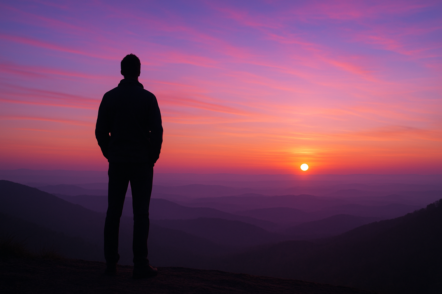 Silhouette of a person standing, hands in pockets, looking at a vibrant sunset over mountains.