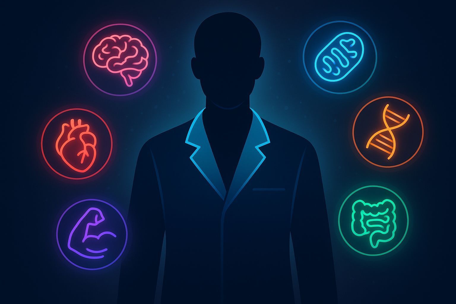 Silhouette of a person with glowing neon icons of body organs: brain, heart, muscle, mitochondria, DNA, and intestines.