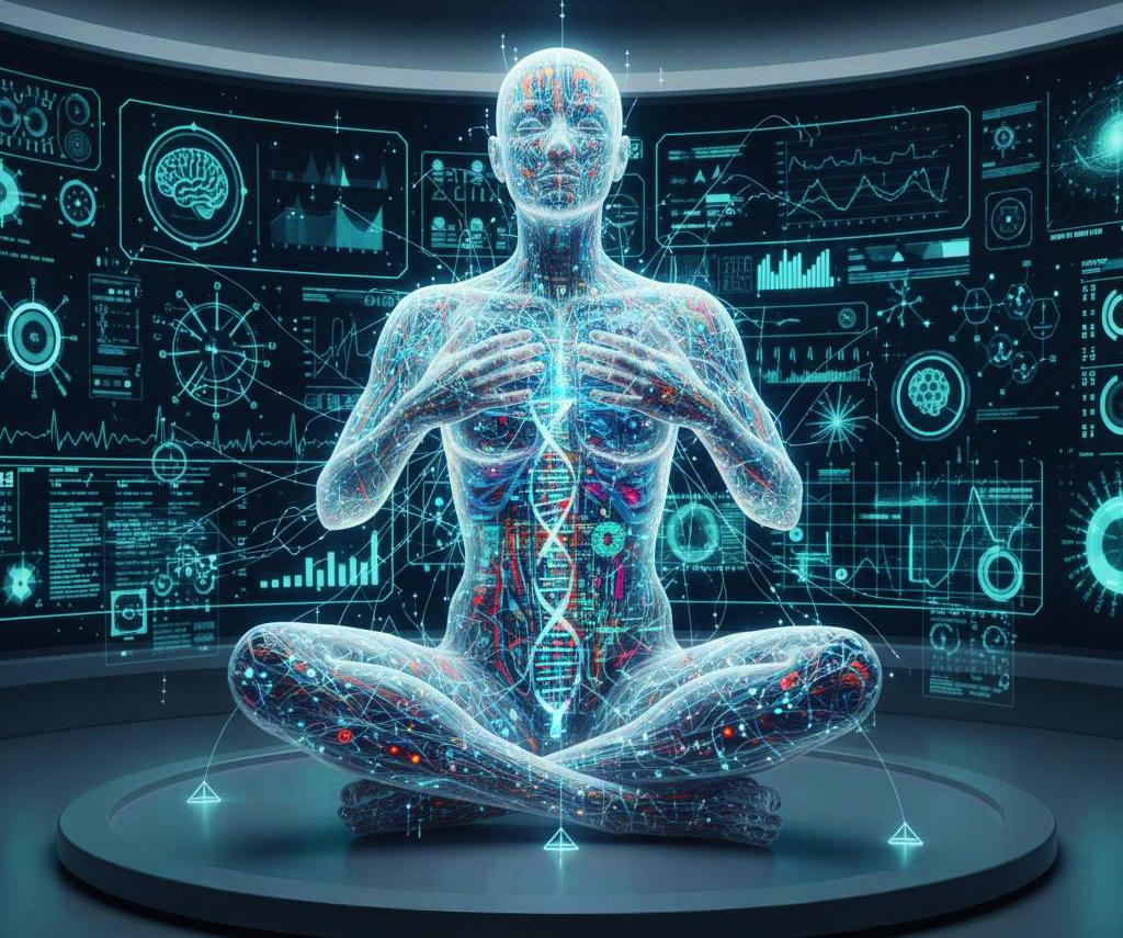 Digitized human figure meditating, glowing blue, surrounded by medical data screens.