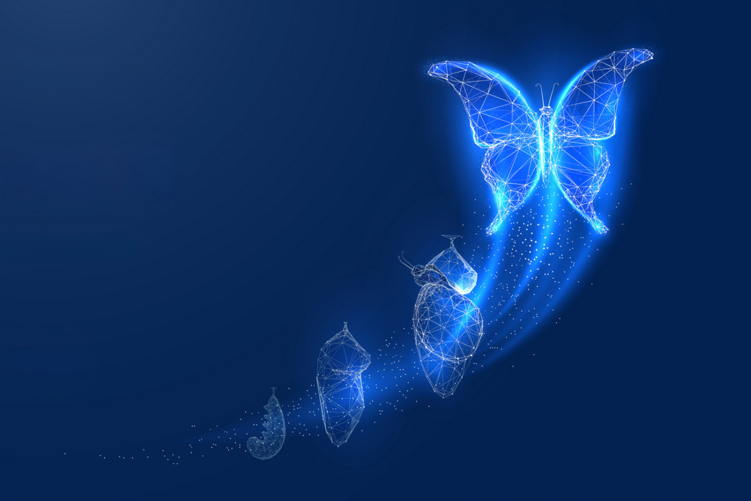 A glowing blue butterfly emerging from a chrysalis, symbolizing transformation on a blue background.