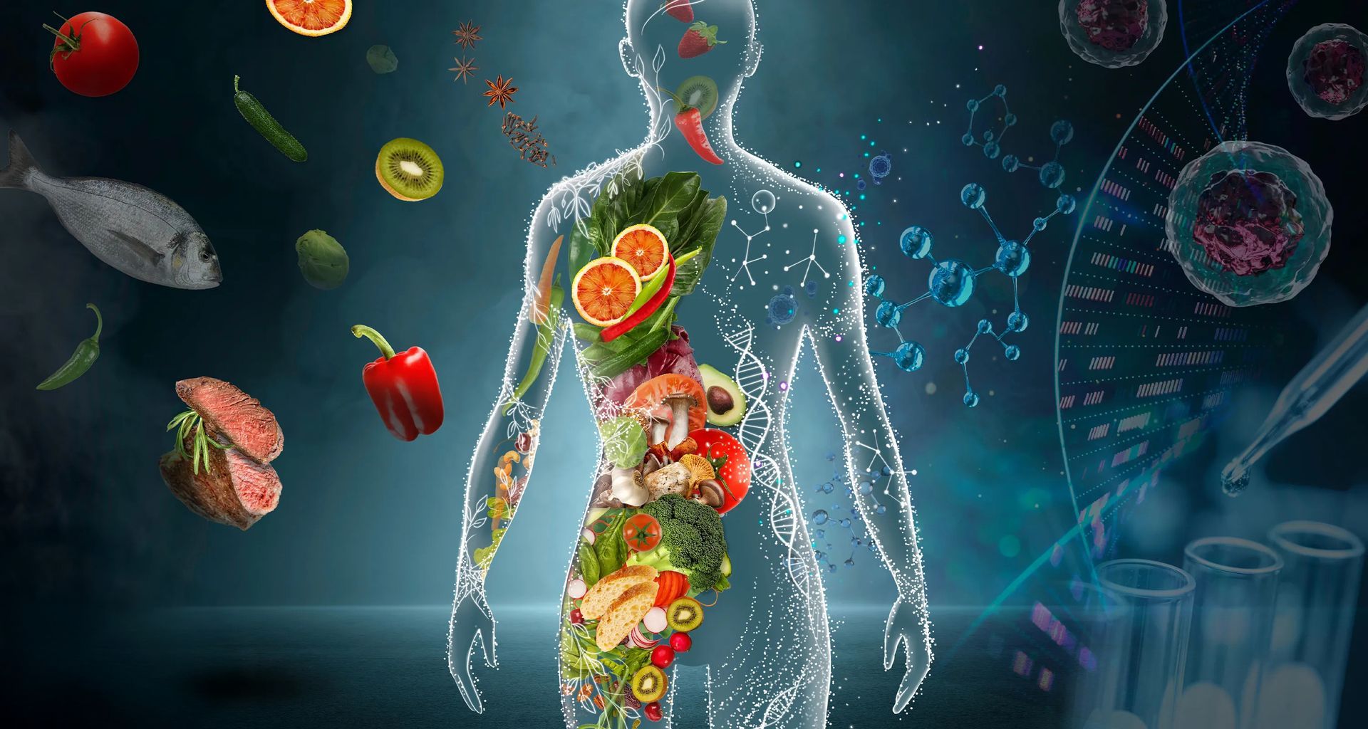 A silhouette of a person surrounded by fruits and vegetables.