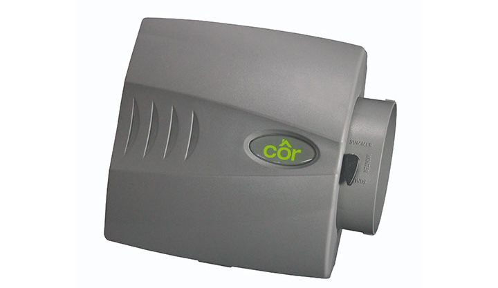 Gray wall-mounted device with a green logo and side vents on a white background