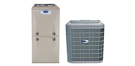 Two outdoor HVAC units: a beige cabinet and a gray air conditioner with fan grille and logo.