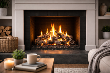 Fireplace with burning logs, inside a living room, cozy ambiance.