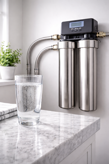Water filter system with stainless steel tanks; glass of water sits on countertop.
