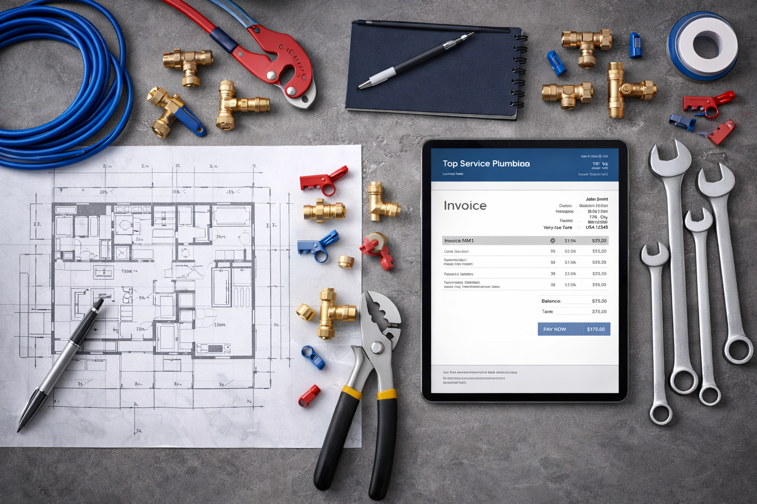 Plumbing tools and parts arranged around a blueprint and a tablet displaying an invoice.