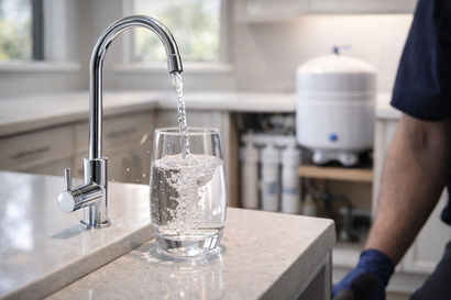 Water pouring from a chrome faucet into a glass on a countertop, with a water filter system in the background.