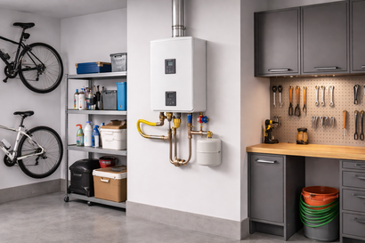 Garage with a wall-mounted water heater, storage shelves, bike, and workbench with tools.