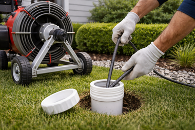A plumber using a drain cleaning machine outdoors, inserting a cable into a white pipe in the ground.