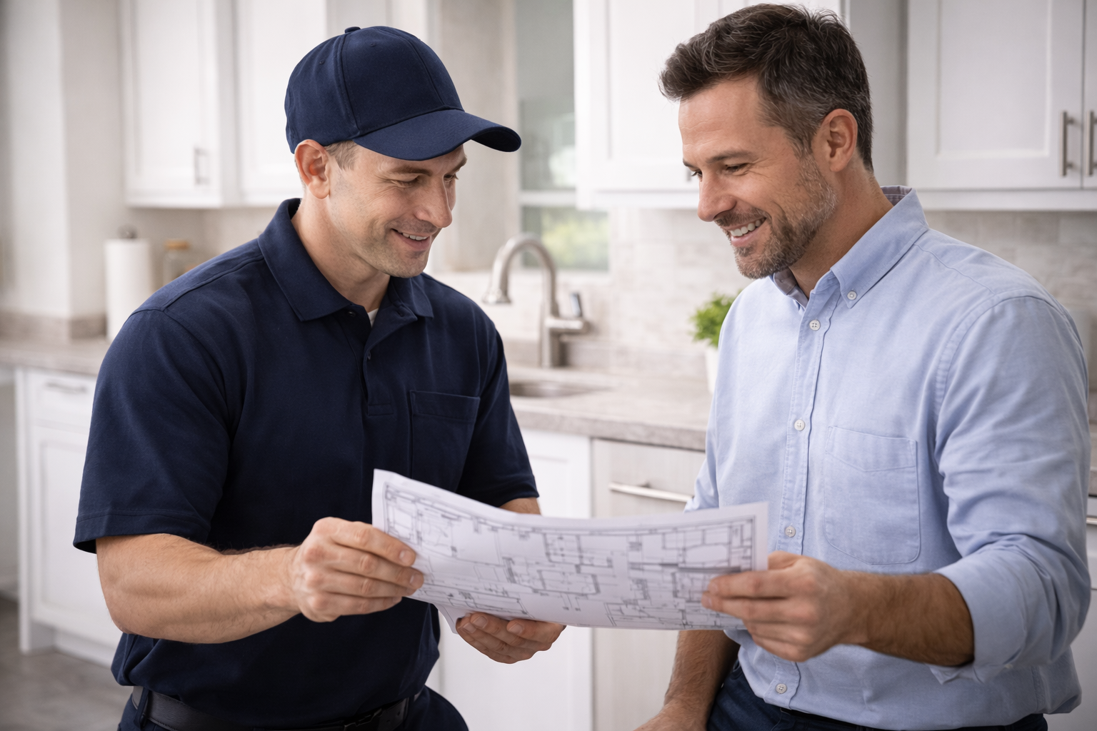 Two men in kitchen, looking at blueprints. One in work uniform, other in blue shirt, smiling.