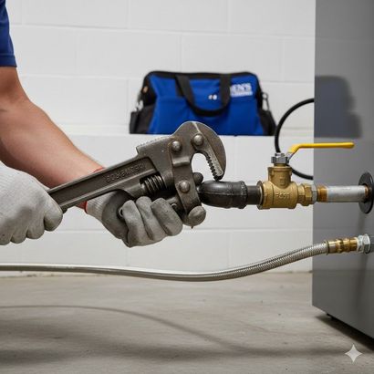 Person using a pipe wrench on a black pipe fitting near a gray appliance.