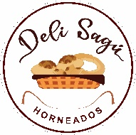 Logotipo redondo de “Deli Sagú” con un sándwich tostado y la palabra “Horneados” en color marrón.