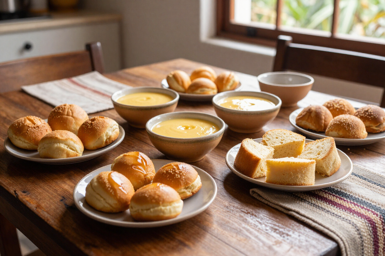 Mesa de desayuno rústica con panecillos, tostadas, mantequilla y tres tazones de sopa o salsa.