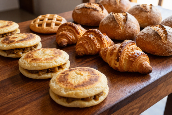 Variedad de pasteles y croissants