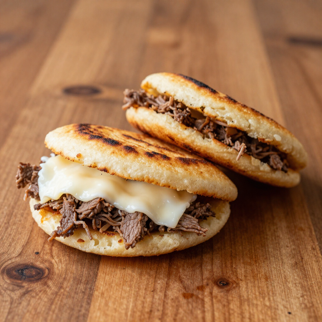 Dos sándwiches tostados con queso fundido y carne desmenuzada sobre una mesa de madera.