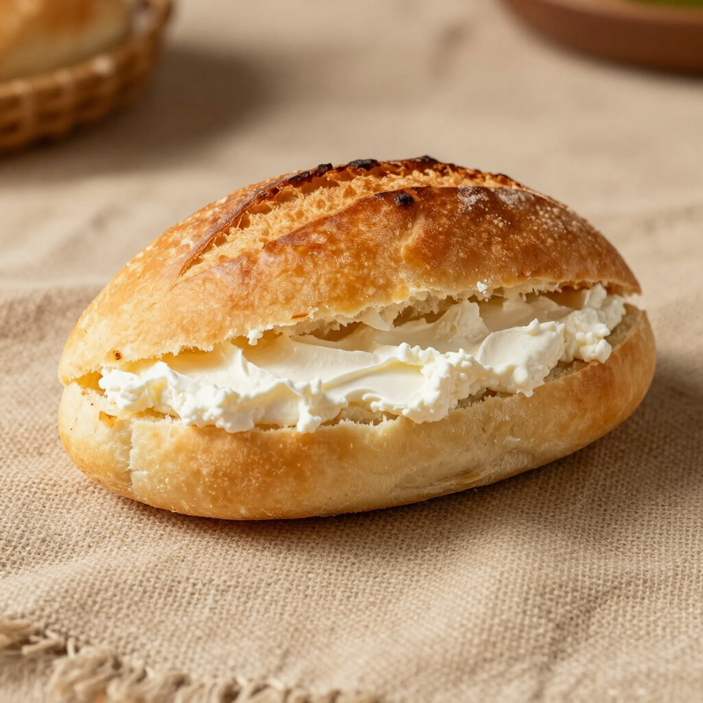 Panecillo crujiente abierto por la mitad y relleno de queso crema blanco sobre un paño beige.