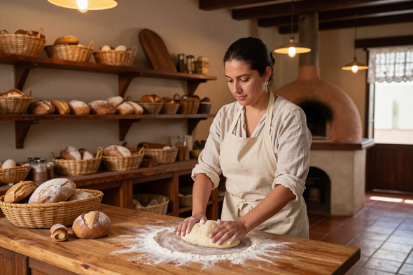 Un panadero da forma a la masa sobre una mesa enharinada en una panadería cálida con estantes llenos de pan recién hecho.