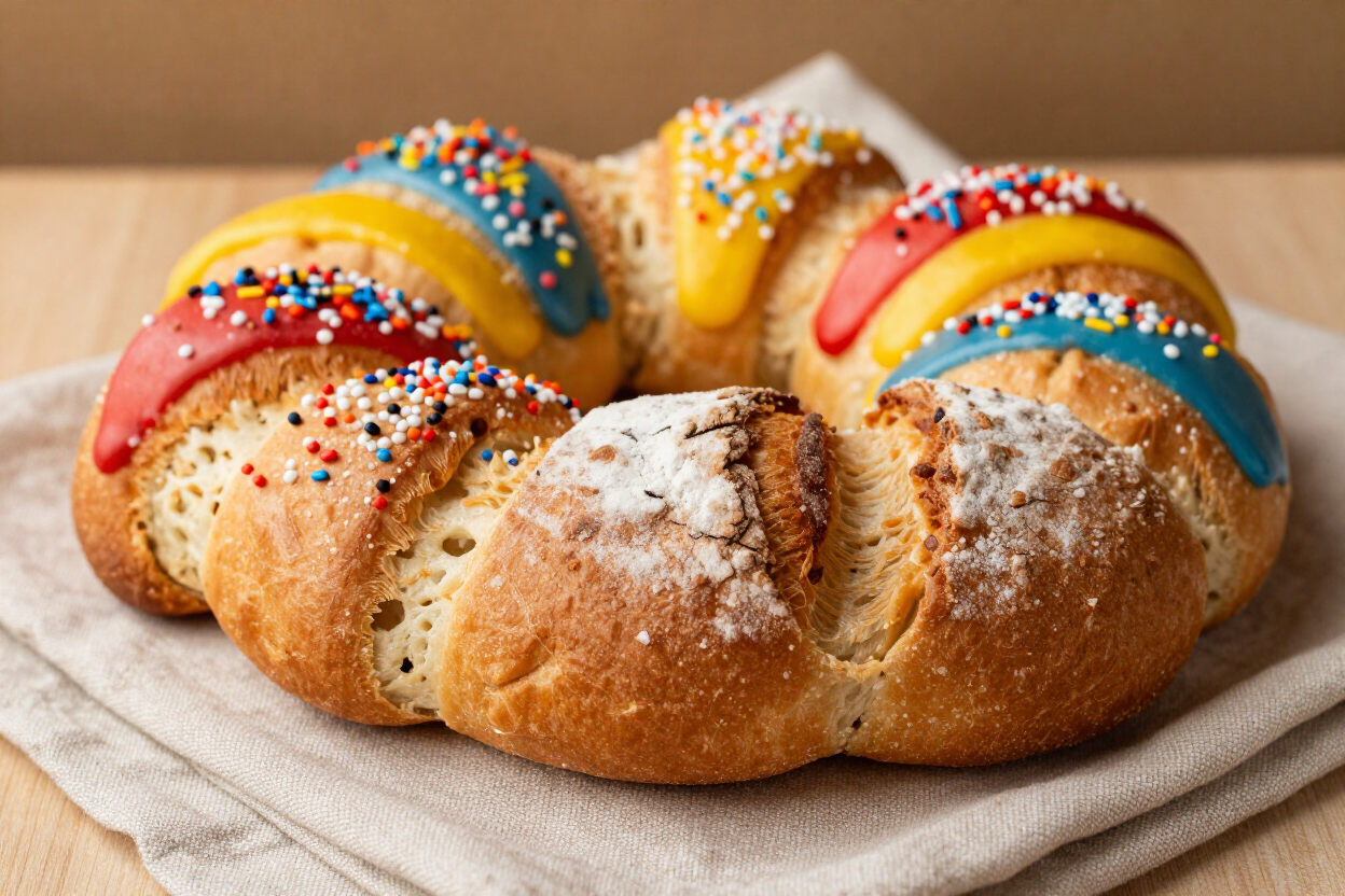 Pan de hojaldre glaseado en forma de anillo con chispas de colores sobre una servilleta.