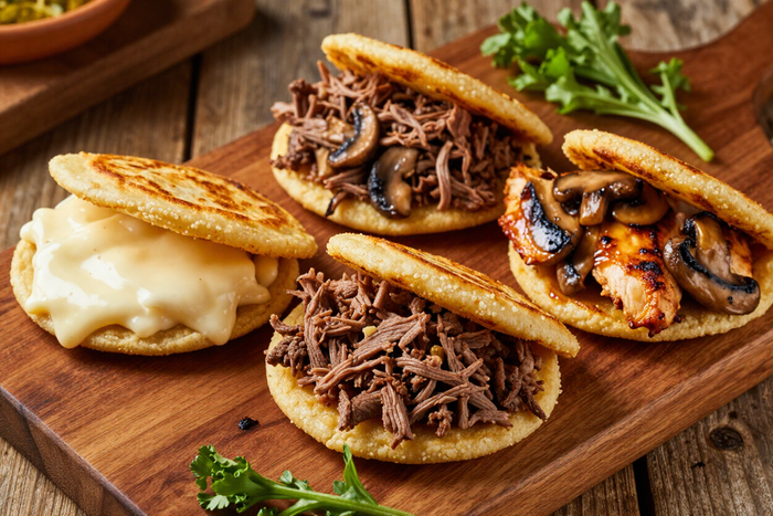 Tres panqueques salados rellenos sobre una tabla de madera con puré de papas, champiñones y hierbas.