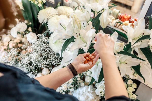 Mani che sistemano gigli bianchi e gypsophila in un negozio di fiori