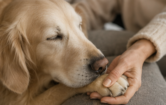 Un golden retriever dorme con la zampa nella mano di una persona su un divano