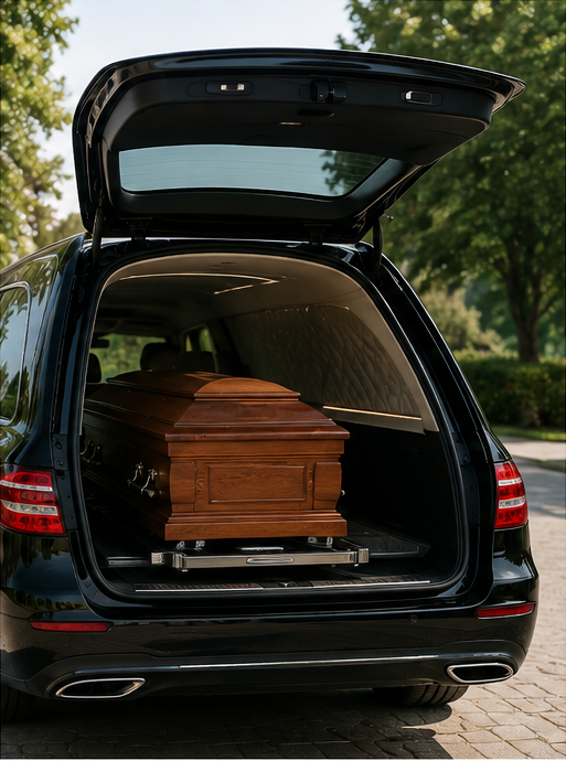 Sportello aperto di un carro funebre nero con una bara di legno all'interno