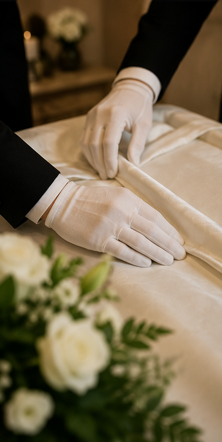 Mani guantate sistemano un drappo bianco su una bara, con fiori bianchi in primo piano.