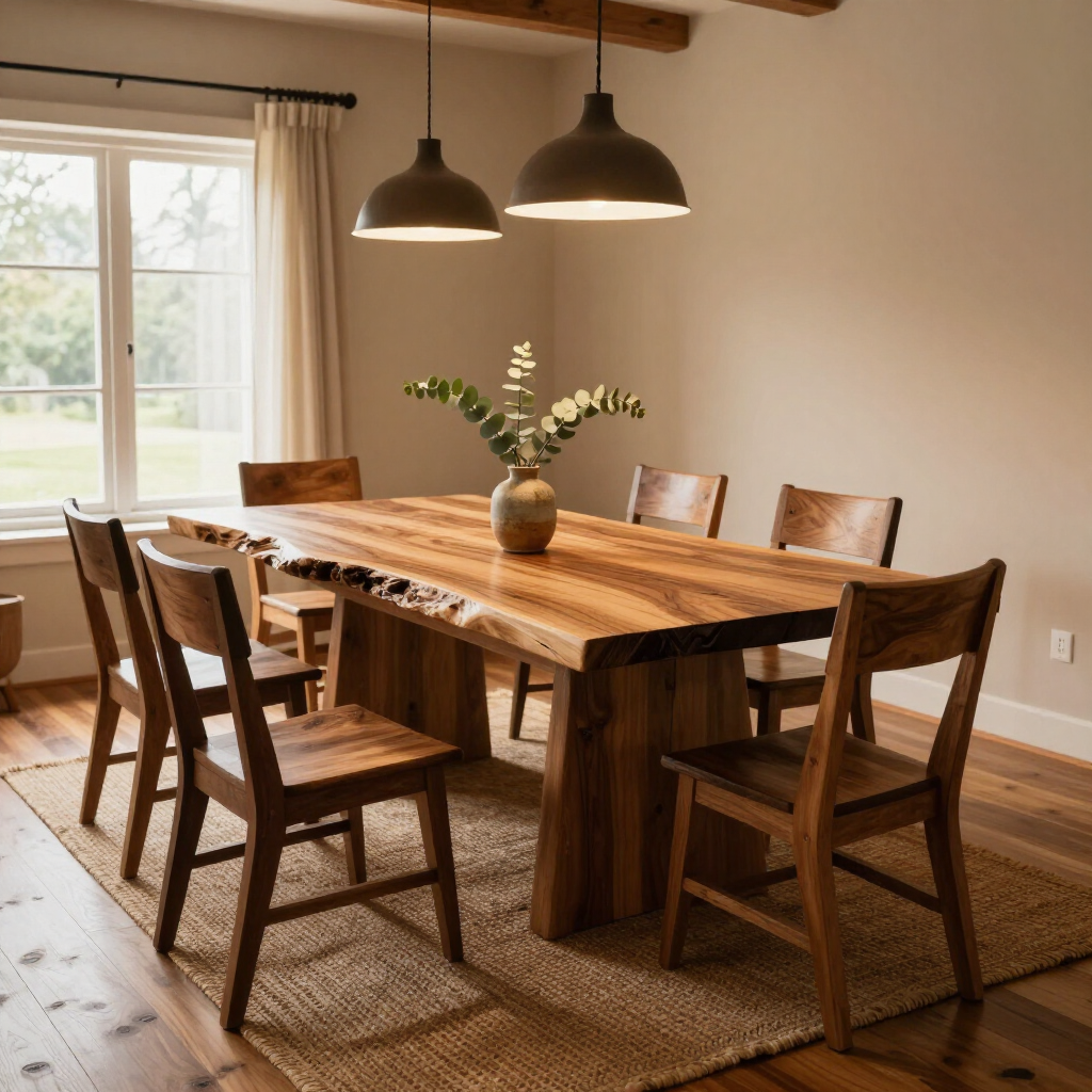 Rustic dining room with a wooden table, chairs, pendant lights, and a vase centerpiece by a bright window
