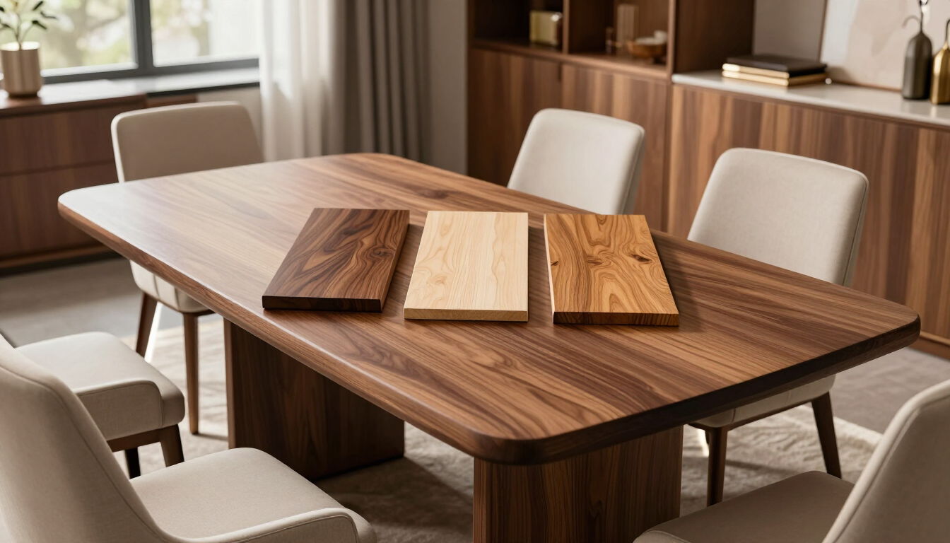 Walnut, maple, and oak options for a custom dining table