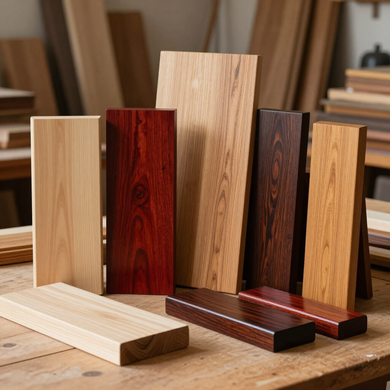 Assorted wooden boards and trim samples in light and dark finishes on a workshop surface
