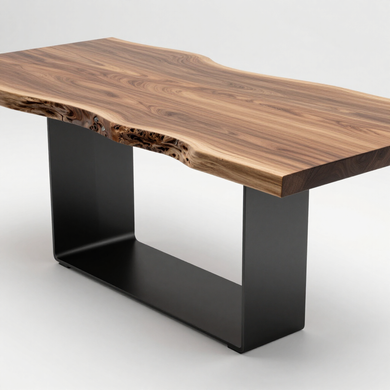 Wood slab dining table with black metal U-shaped base