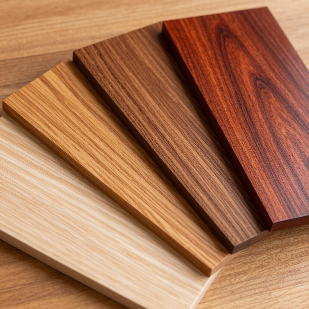 Four wood veneer samples in light to dark brown on a wooden surface