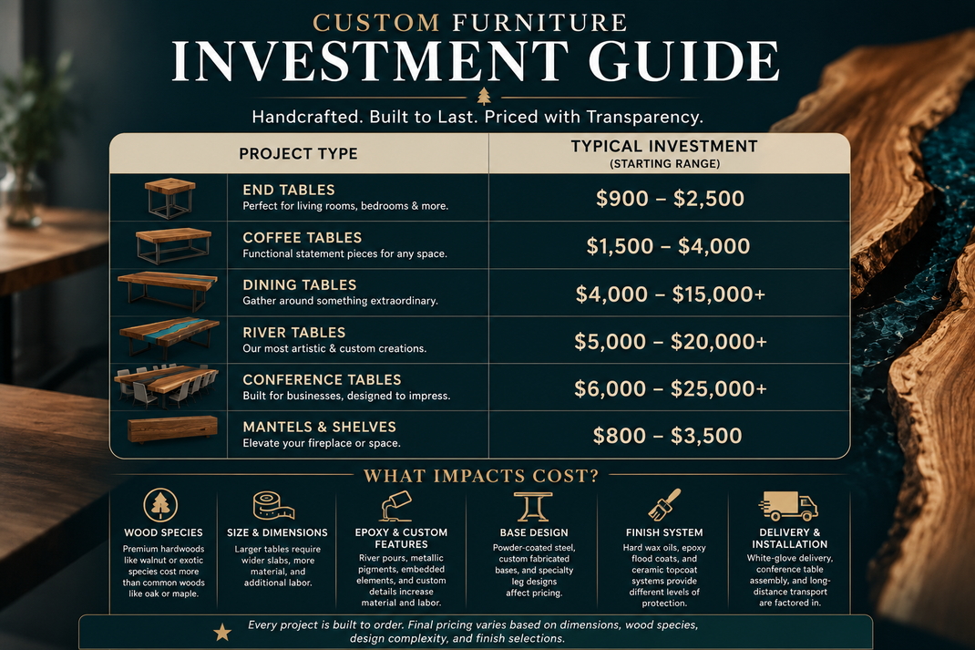Dark teal “Custom Furniture Investment Guide” infographic with product types and typical investment prices.