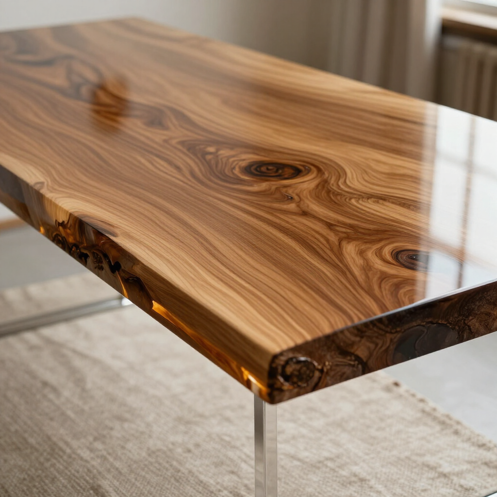 Glossy wood-grain tabletop with clear resin edge on metal legs indoors