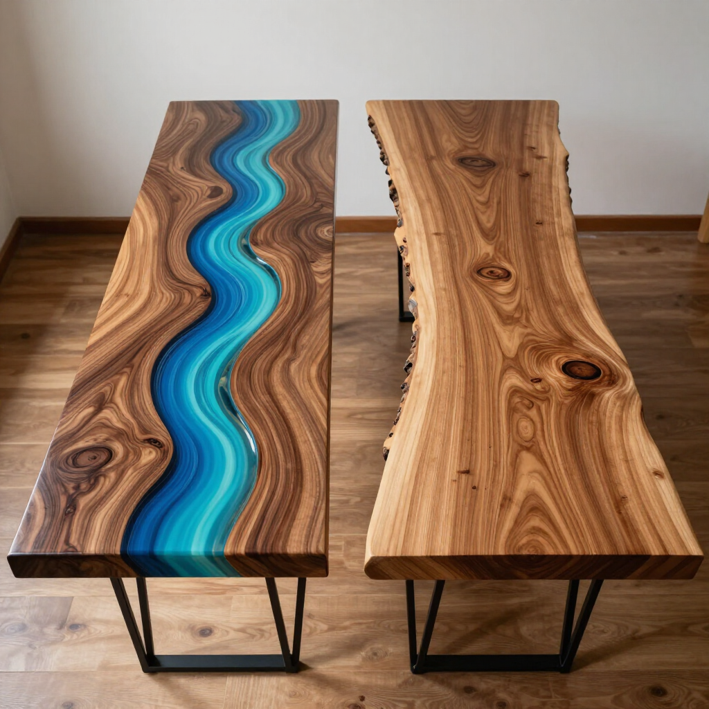 Two live-edge wood coffee tables, one with a blue epoxy river down the center.