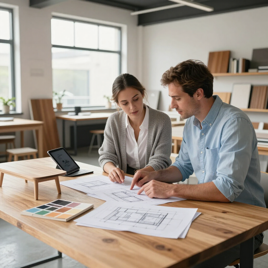 Two people reviewing floor plans at a wooden table in a bright office, with a laptop and color swatches.