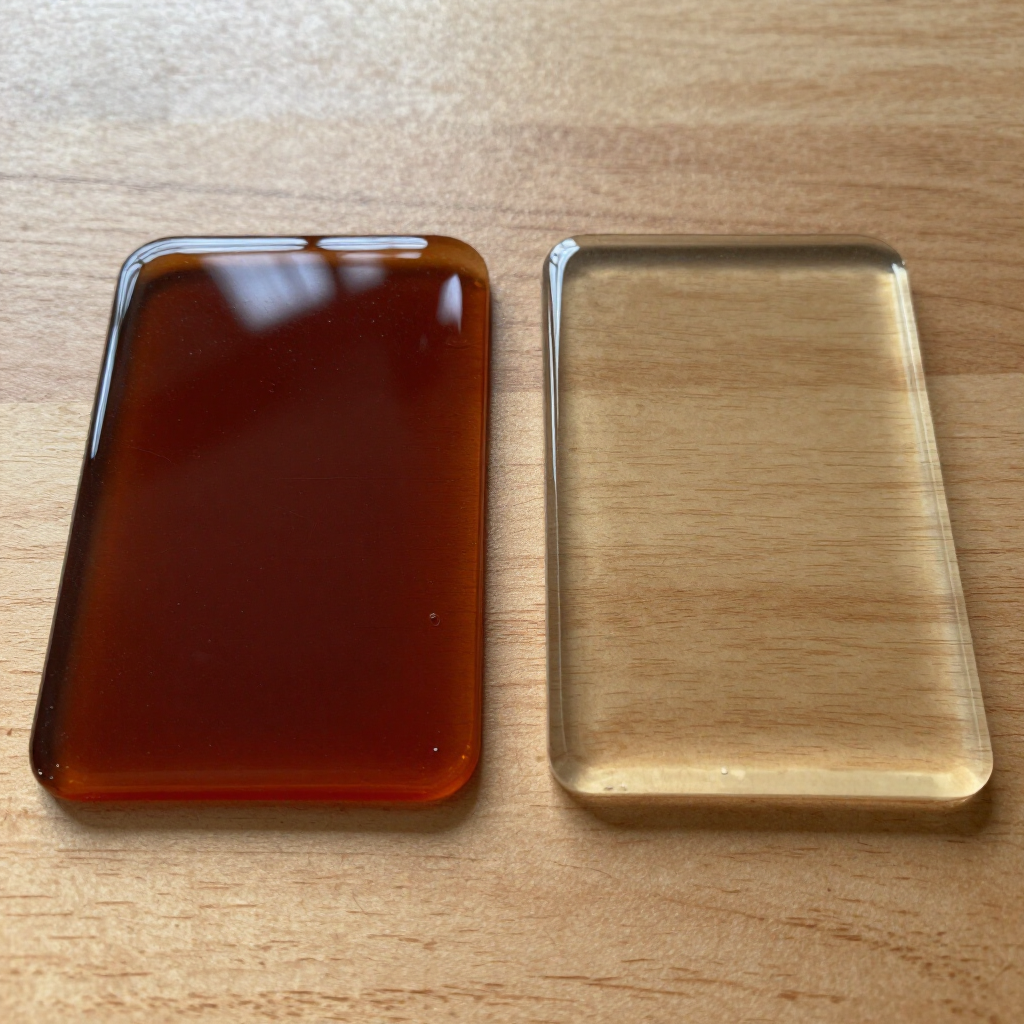 Two rectangular glass trays on a wooden surface, one amber-colored and one clear.