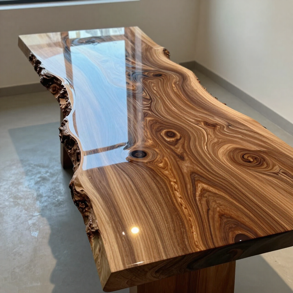 Live-edge wood table with glossy epoxy river finish and visible wood grain pattern