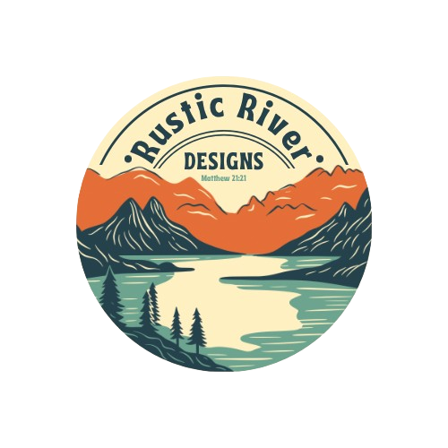 A logo for rustic river designs with a lake and mountains in the background