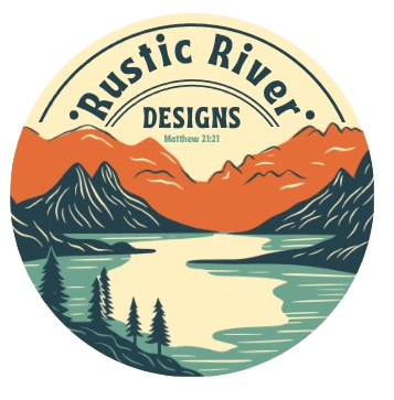 A logo for rustic river designs shows a lake with mountains in the background