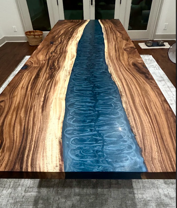 10' Monkey Pod Dining Table + Powder coated Steel Base