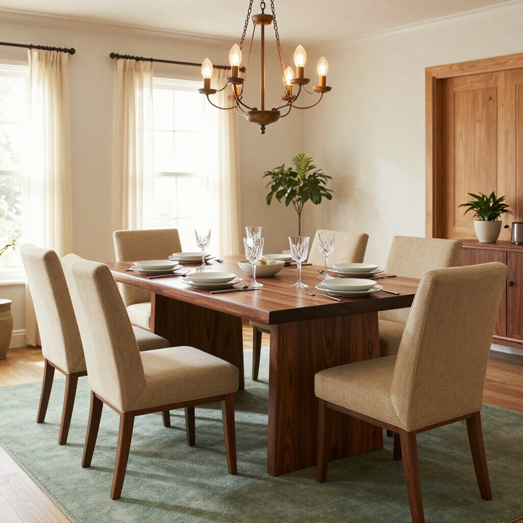 Elegant dining room with wooden table, beige chairs, chandelier, and soft natural light from large windows