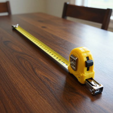 Yellow tape measure stretched across a wooden table with a chair in the background