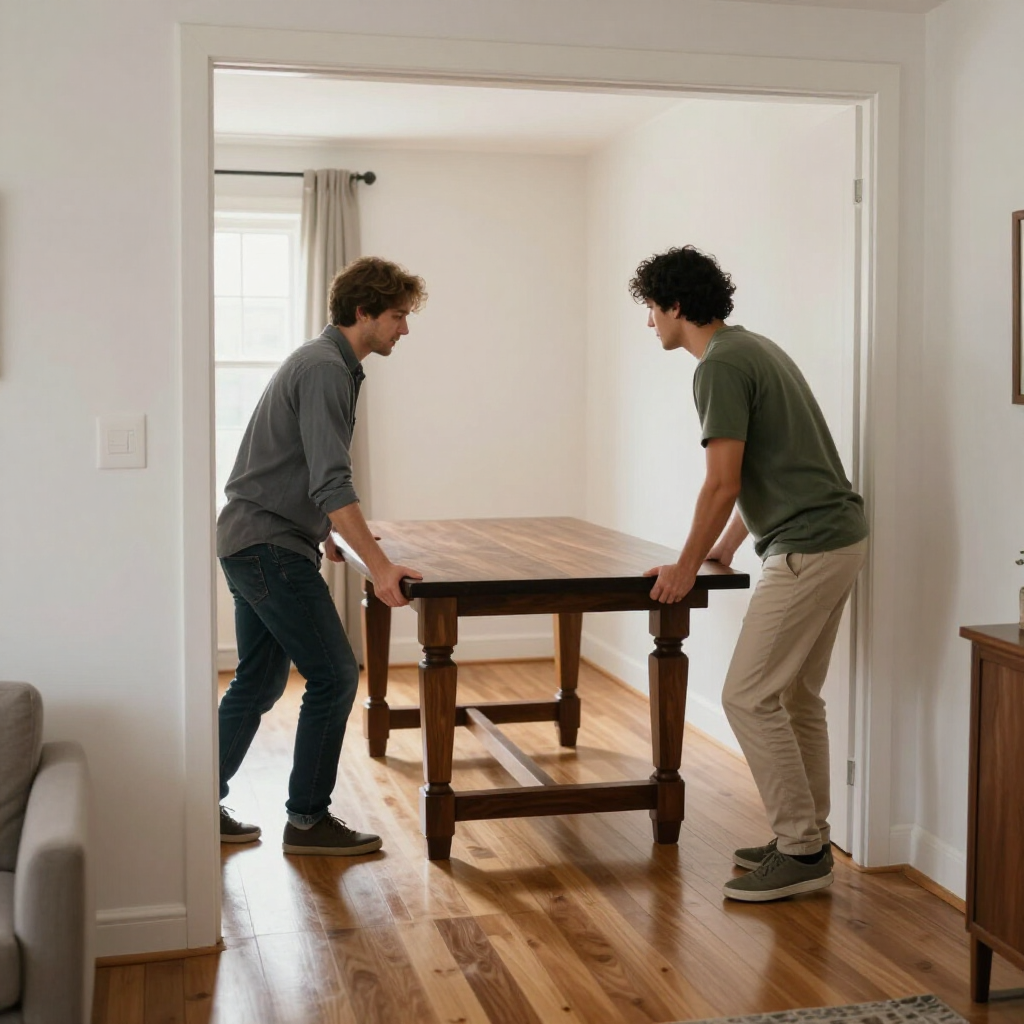 Two people carrying a wooden table through a doorway in a bright room.