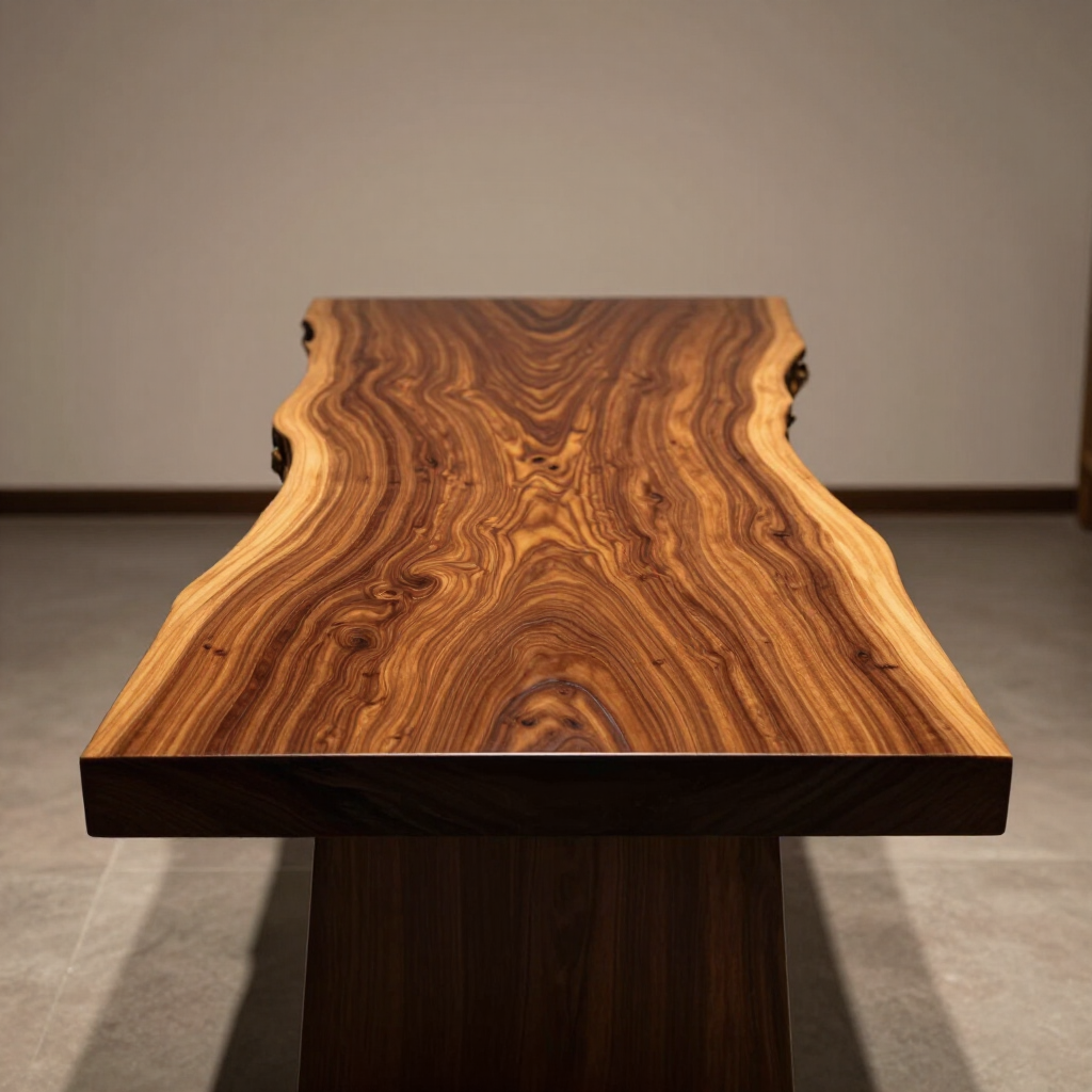 Wooden tabletop with dramatic wavy grain, centered in a minimalist room