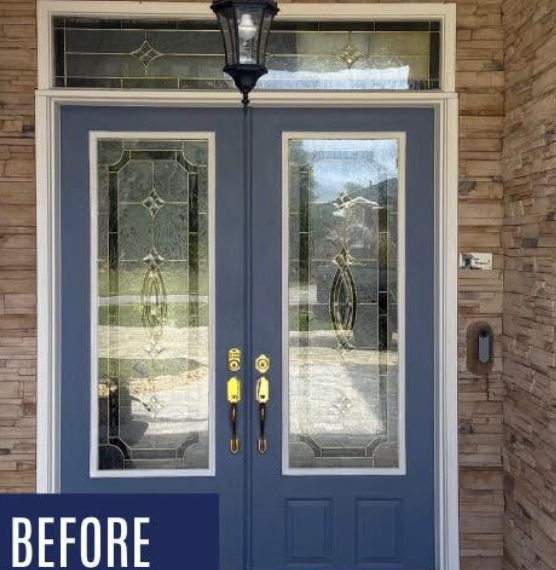 Blue front double doors with glass panels and stone siding, labeled “Before”