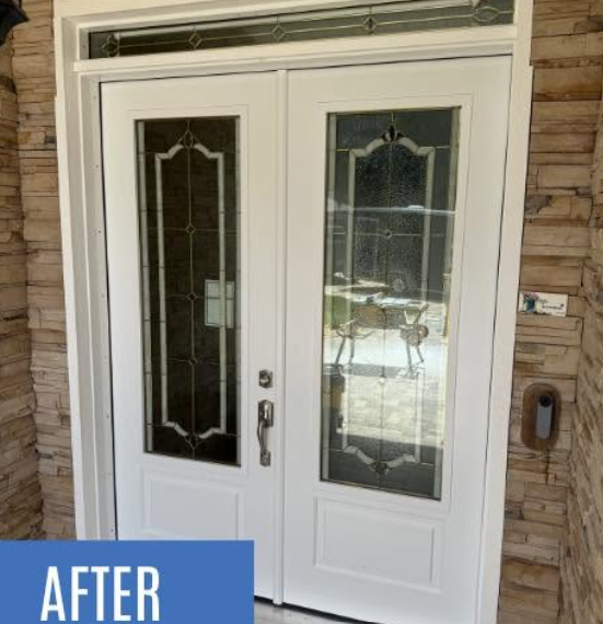 White double front door with glass panels on a stone exterior, labeled “AFTER” in the corner.