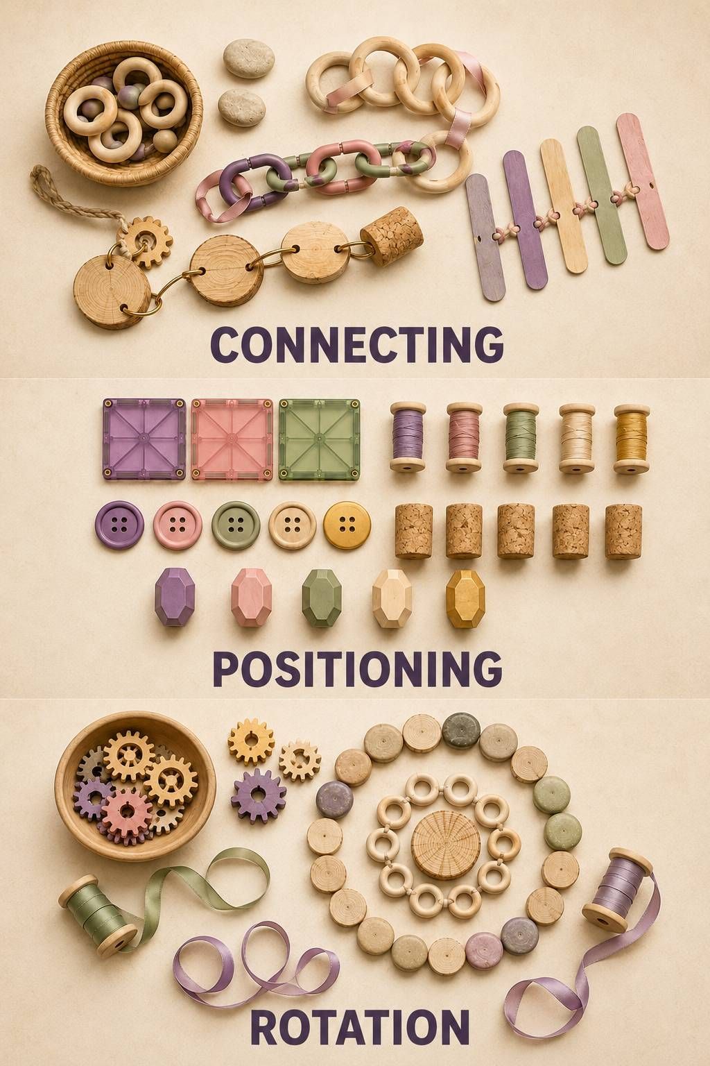Schema play materials arranged to illustrate connecting and positioning, including wooden pieces, buttons, and loose parts.