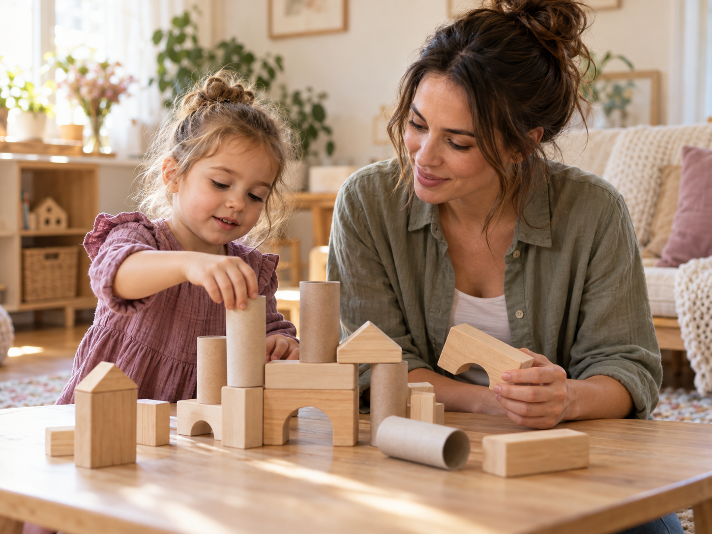A mother and young child exploring wooden blocks and cardboard tubes together at home.